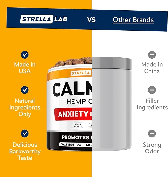 STRELLALAB Hemp Calming Chews for Dogs - Melatonin Dog Treats - Anxiety Relief - Calming Chews - Sleep & Stress Aid for Separation - 180 Treats