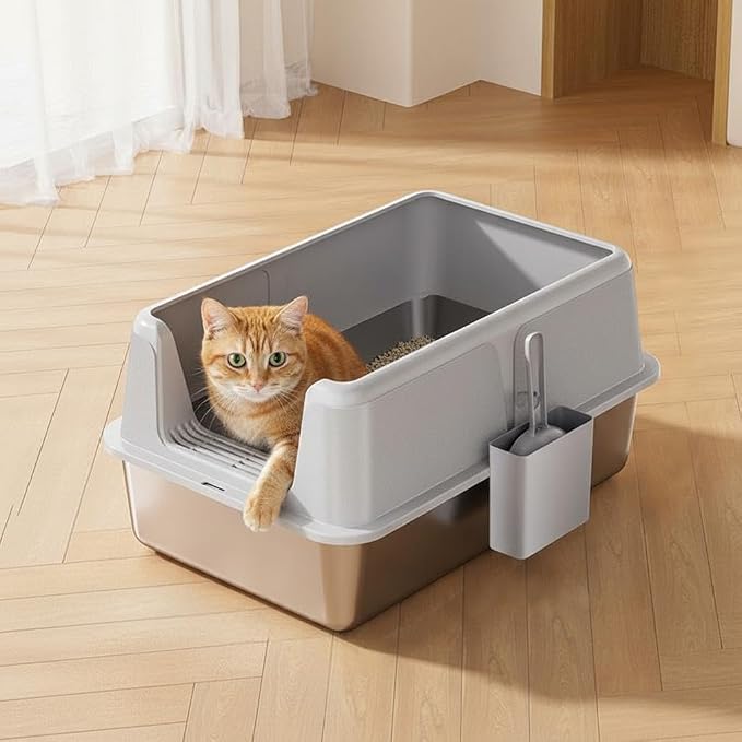 Splash-Proof Cat Litter Box, Stainless Steel Non-Stick Litter Pan with Lid & Side Opening, 8 Inch Deep Large Leak-Proof Tray, Includes Scoop-Grey