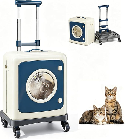 Pet Carrier with Wheels Foldable Cat Carrier, 3-Level Adjustable Handle 360° Wheels, Detachable Multi-Use Rolling Pet Travel Carrier for Cats & Small Dogs, Portable Outdoor Travel Pet Crate (Blue)