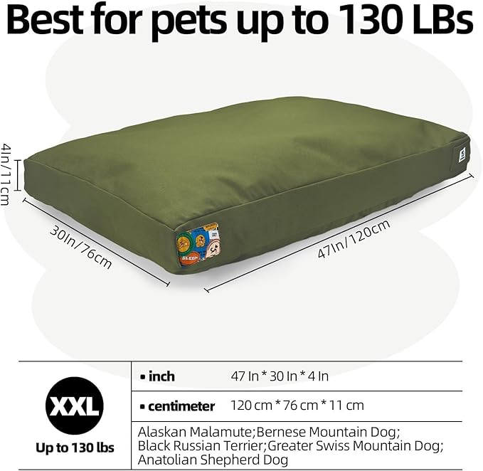 Sytopia 47 Inch Durable Indestructible Dog Bed for XXL Dogs, Outdoor Canvas Chew Proof Pet Crate Mat with Waterproof Washable Removable Cover, Indoor Patio Pet Pad for Crate, Green