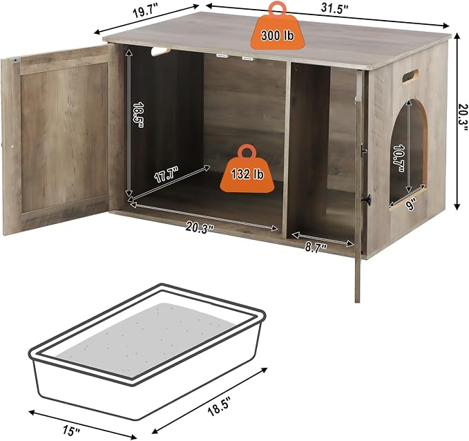 Timberer Cat Litter Box Enclosure, Litter Box Furniture Hidden with Removable Divider, Wooden Cat Washroom Furniture, Greige