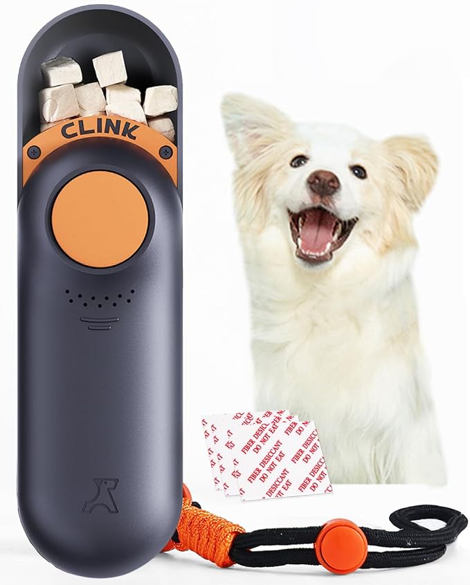Clink Design 2-in-1 Puppy Essentials, Dog Training Clicker & Treat Carrier, Durable Food-Grade ABS, Treat Carrier with Desiccant Compartment, Compact & Lightweight Dog Stuff for Dogs - Black & Orange
