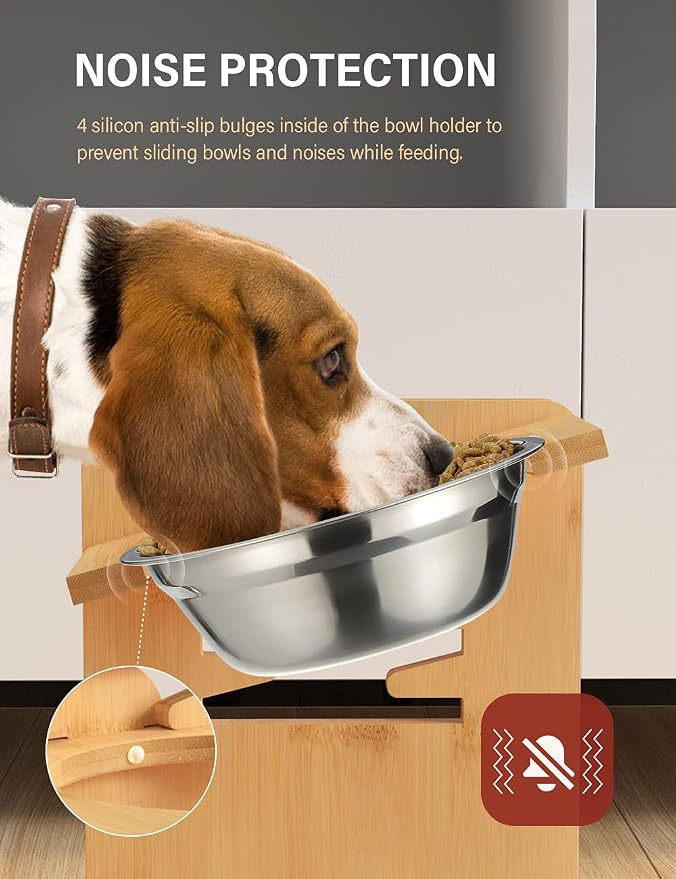 Vantic Elevated Dog Bowls, Adjustable Raised Dog Bowl Stand for Small Puppy and Cats, Sturdy Bamboo Pet Food Feeder with 2 Stainless Steel Dishes, Natural