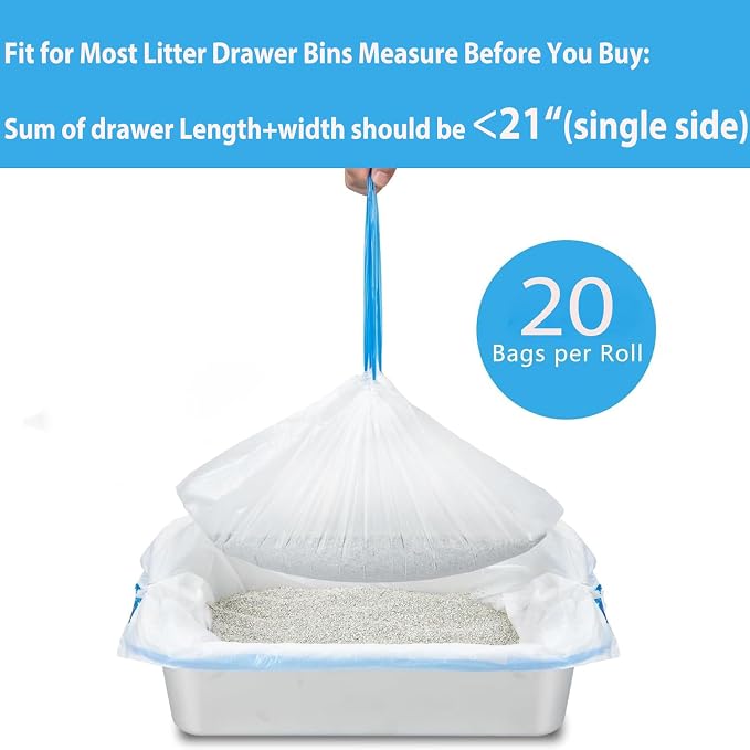 Litter Box Liners Drawstring Waste bag 6 Rolls / 120 Pcs, Heavy Duty Trash Bags, Compatible with Most of Automatic Cat Litter Box, like G1/ E2