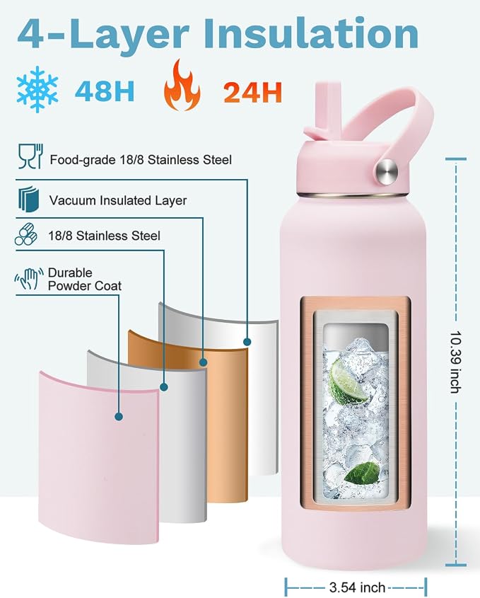 BENZZO 40oz Insulated Water Bottle Metal Water Flask Stainless Steel Keep Cold 48Hrs & Hot 24 Hrs, Pink Water Jug with Strap for Women Sports Gym Workout School Running with Straw & Auto Spout Lid