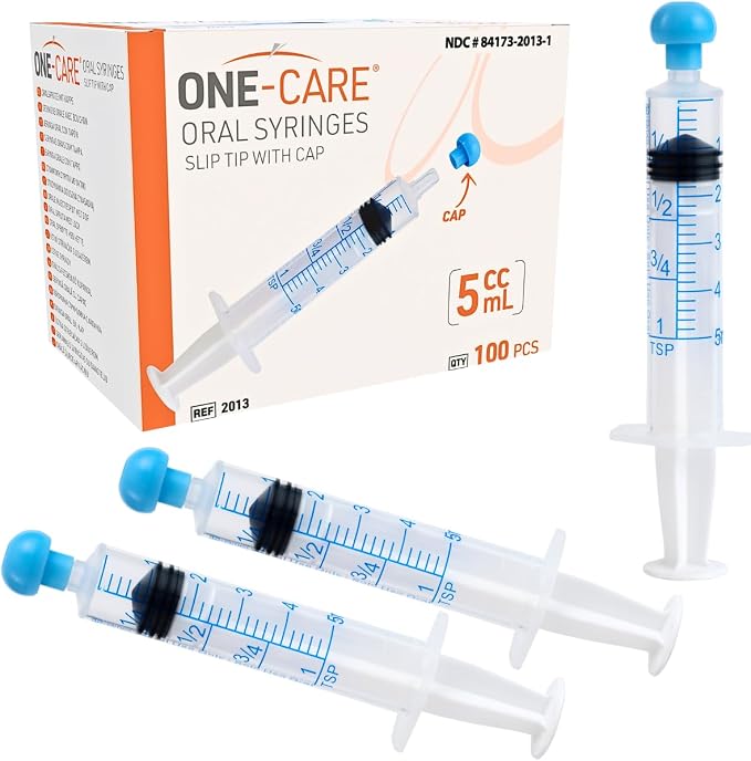 ONE-CARE 5ml Oral Syringe with Cap - Sterile, Individually Wrapped - 100 Syringes, Slip Tip, Uses include oral administration of medicine for infants, adults and animals