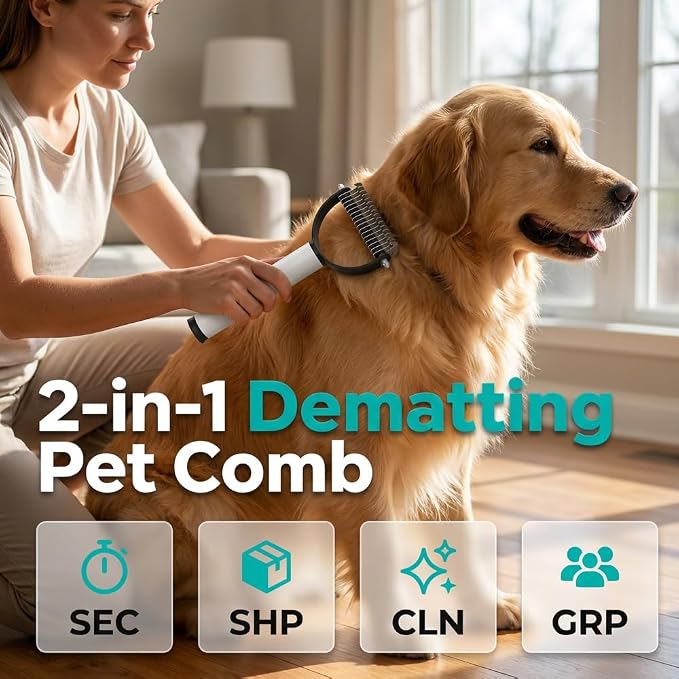 Double Sided Dematting Comb for Dogs Cats, 2026 New 2-in-1 Professional Pet Dematting, Deshedding Brush with Metal Comb for Detangling and Dematting Long (Black)