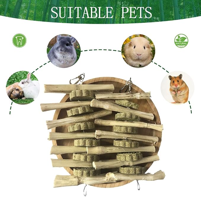 kathson Guinea Pig Treats Hanging Bunny Chew Toys for Teeth Grinding, Organic Bamboo Sticks Natural Rabbit Enrichment Toys for Small Animals Hamster Chinchilla 2 Pack
