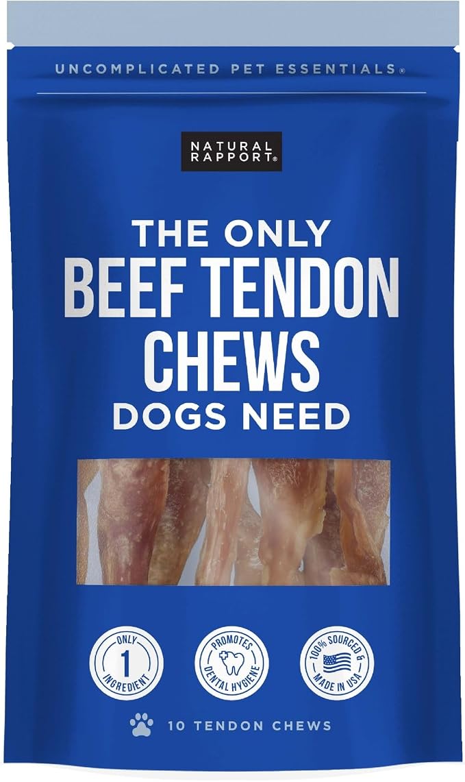 Natural Rapport Beef Tendon Dog Chews - Single Ingredient, Long Lasting, Promotes Dental Health & Joint Support (10 Count Value Pack)