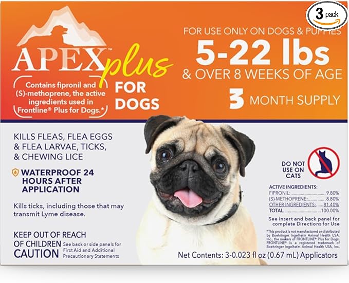 Apex Plus Flea and Tick Prevention for Dogs | Small (5-22 lbs) | 3-Month Supply | Dog Flea and Tick Treatment | 24-Hour Activation, Waterproof, 30-Day Protection