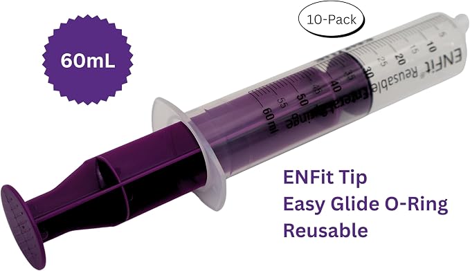 Envue ENFit Enteral Feeding Syringe 60mL, O Ring Syringes for Feeding and 60 ml Syringe for Feeding Tube Use, Reusable 60cc Syringe for NG Tube, 10 Pack, Purple