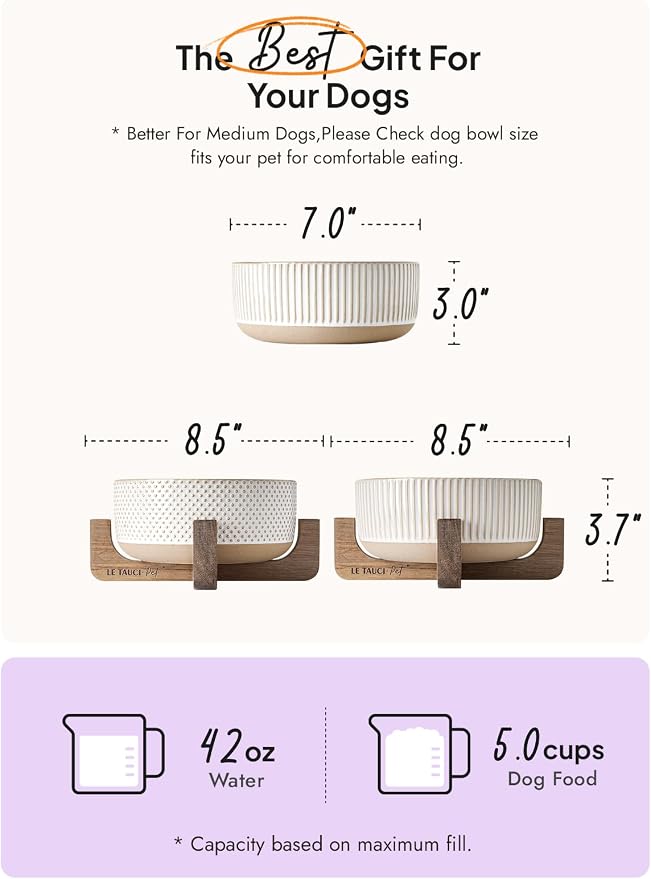 LE TAUCI PET Ceramic Dog Bowls for Medium Large Dogs - 5 Cup Large Dog Food and Water Bowls with Wood Stand, Cute Pet Dishes Set of 2, Lines+Dot