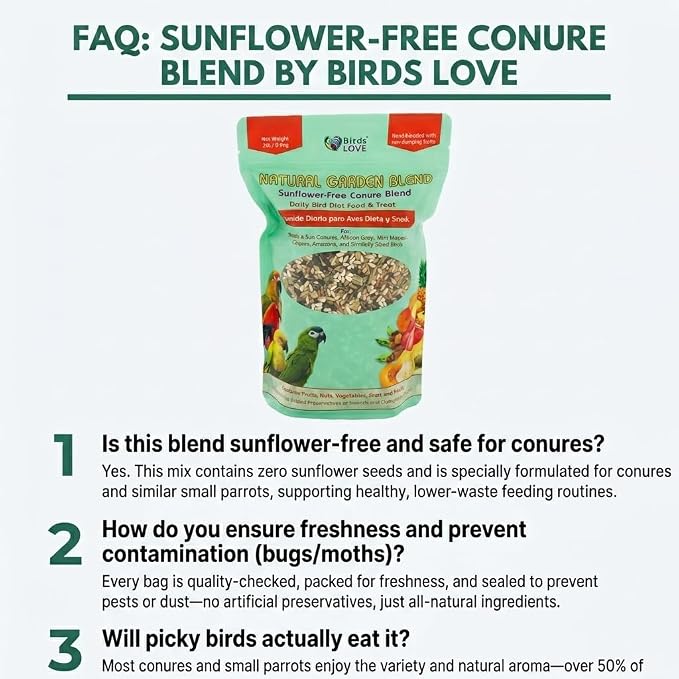 Birds LOVE Natural Garden Blend Conure Food, Sunflower Free Bird Seed Mix with Fruits, Nuts, Vegetables and Seeds, All Natural Daily Diet and Treat, 2 lb
