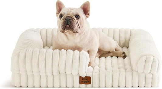 ChiXnuggle Rectangular Orthopedic Dog Bed for Medium Dogs, Waterproof Washable Faux Rabbit Fur Dog Couch with Egg Crate Foam Support, Bolster Pet Sofa with Non-Slip Bottom, 30x24x7, Cream