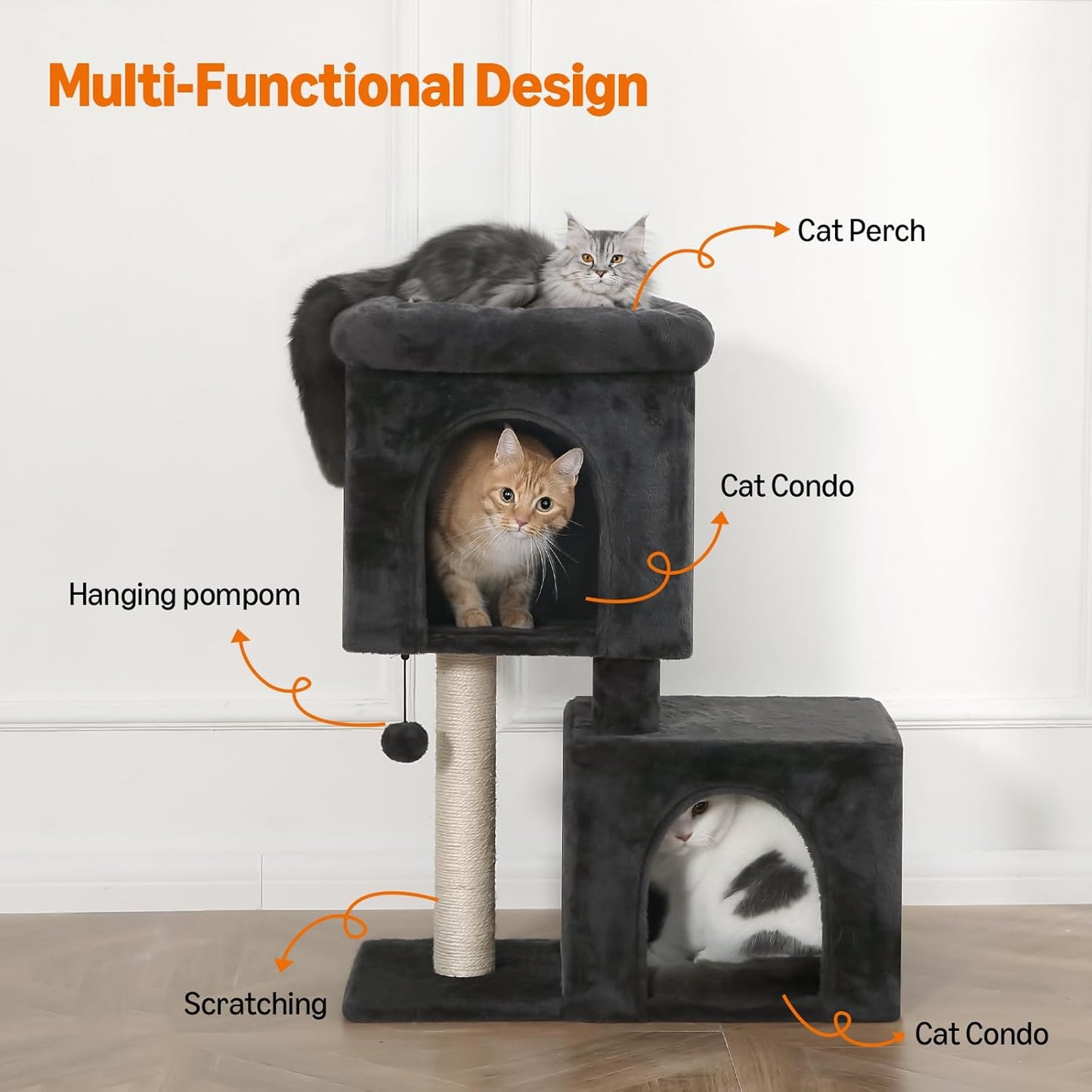 Amazon Basics 30 inch 2 Story Condo Cat Tree with Scratching Posts for Indoor Cats up to 16 lbs, Activity Center with Cozy Perch, Replaceable Hanging Pompom, Dark Gray