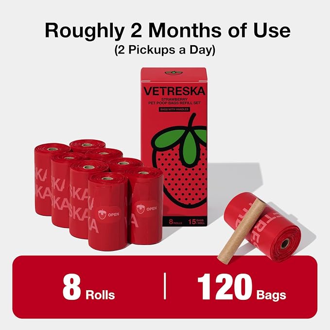 VETRESKA Dog Poop Bags with Handles 120 Count, Strawberry Scented Waste Bags, Leak-Proof Thick Dog Bags for Poop, Easy-Tie Large Poop Bags, 8 Refill Rolls for Dog Walking Cat Litter