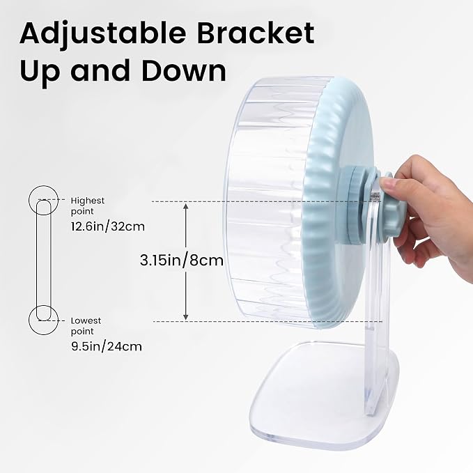 Silent Hamster Wheel, 8in Hamster Wheel with Adjustable Stand, Double-Bearing Quiet Spinner for Syrian Hamsters, Hedgehogs, Mice & Small Pets, Blue