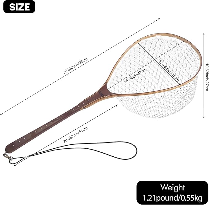 Riverruns Fly Fishing Net Landing Net Wooden Net Soft Rubber Mesh Trout Net Freshwater Saltwater Fishing Net with Safety Cord Net Gifts for Father Men