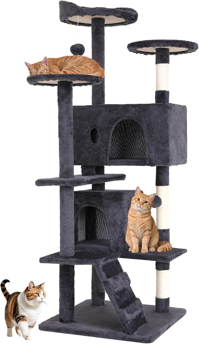 BestOffice 54 Inch Cat Tree, Multi-Level Cat Tower with Condo, Perches, Sisal Scratching Posts, Climbing Ladder,Indoor Activity Center Play House for Kittens & Adult Cats, Ashy