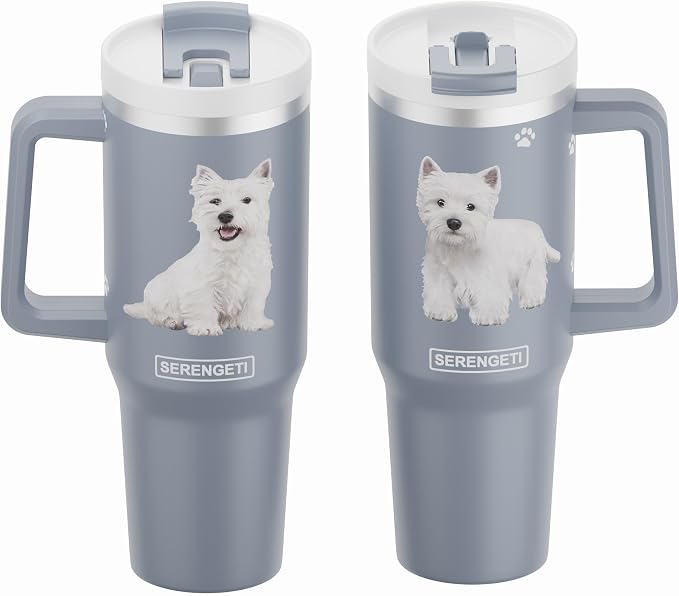 E&S Pets SERENGETI 40 Oz Ultimate Tumbler with Handle and Straw - Vacuum Insulated Tumbler with Straw and Lid - Stainless Steel Travel Mug for Pet Lovers - 3D Designs of your favorite Dog (Westie)