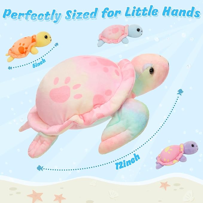 Muiteiur Turtle Stuffed Animals 4 Packs, Sea Turtle Plush Toy Set - Soft Mommy Stuffed Animal Turtle with 3 Babies, Cute Toys for Kids & Toddlers (Pink)