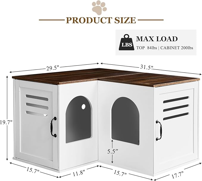 Corner Litter Box Enclosure for 2 Cats, 31.5in Hidden Litter Box Furniture, Litter Box Cabinet with Double Room, Indoor Cat House End Table, Retro White