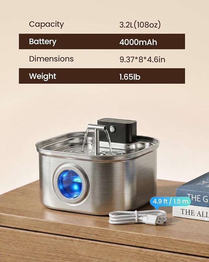 Cordless Cat Water Fountain Stainless Steel, 3.2L/108oz Wireless Pet Water Fountain, Battery Operated Rechargeable Automatic Cat Fountains for Drinking with Motion Sensor (4 Filter)