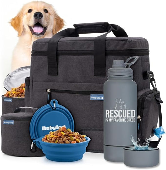 Rubyloo Original Doggy Bag (Charcoal) & 32oz Insulated Water Bottle with Attached 8oz Bowl (Rescued is My Favorite Breed) – Dog Travel Bag & Hydration Set