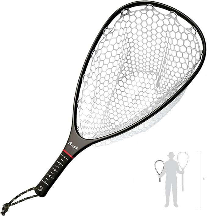 Riverruns Fly Fishing Landing Net Carbon Fiber Trout Net with Measurement Handle, Soft Rubber Mesh - 26" Standard (Wading) / 37" Long (Kayak)