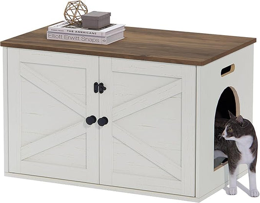 Timberer Cat Litter Box Enclosure, Litter Box Furniture Hidden with Removable Divider, Wooden Cat Washroom Furniture, Indoor Cat House, Rustic Brown and White