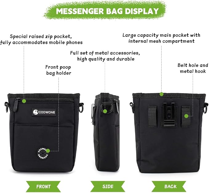 Dog Treat Pouch Pet Training Cross Body Bag, Magnetic Closure Dog Walking Fanny Pack Built-in Poop Bag Dispenser, Adjustable Shoulder Strap (Dog Leash) and Waist Belt (Dog Collar)