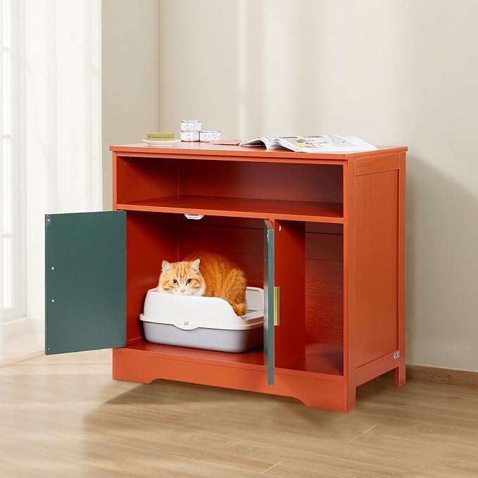 VEVOR Cat Litter Box Enclosure, 31 in Hidden Litter Box Cabinet with Shelf & Storage, Modern Style Indoor Cat Washroom, Wooden Kitty House Furniture End Table, Fit Most Litterboxes, Red & Green