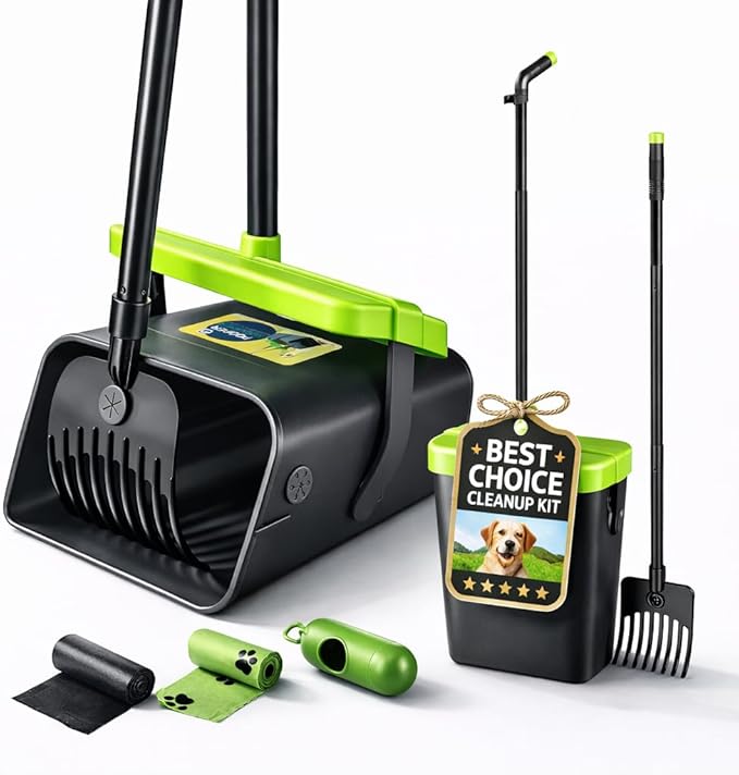 Pooper Scooper Swivel Bin & Rake Kit with 35 Bags – 46" Long Handle Heavy Duty Dog Poop Scooper with Bag Attachment, Yard Pet Waste Cleanup Tool for Large Medium Small Dogs