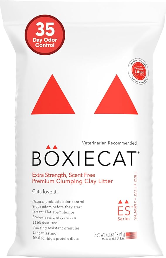 Boxie Extra Strength 35 Day Odor Control Clumping Clay Cat & Kitty Litter 40lb, 99.9% Dust-Free, Probiotic Formula, Long-Lasting, Veterinarian Approved, Easy Scooping for Multi-Cat Homes