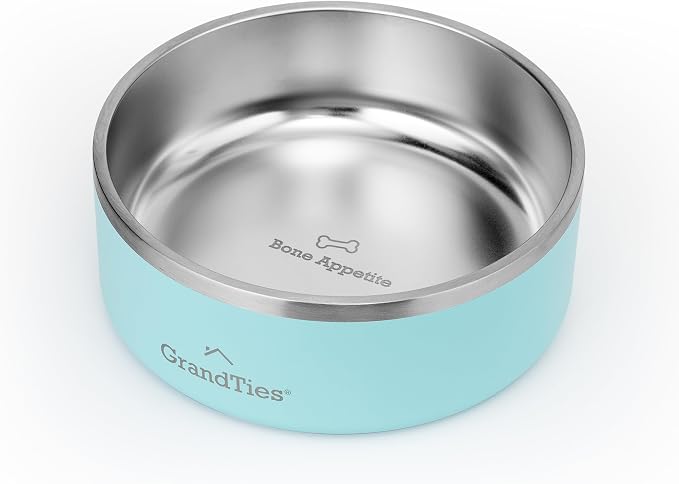 GrandTies Stainless Steel Dog Bowl | Engraved Reusable BPA-Free Insulated Cat & Dog Bowls | Large Heavy Duty Non Skid Spill Proof Bowl | Outdoor Dog Water Bowl (42oz, Powder Green)