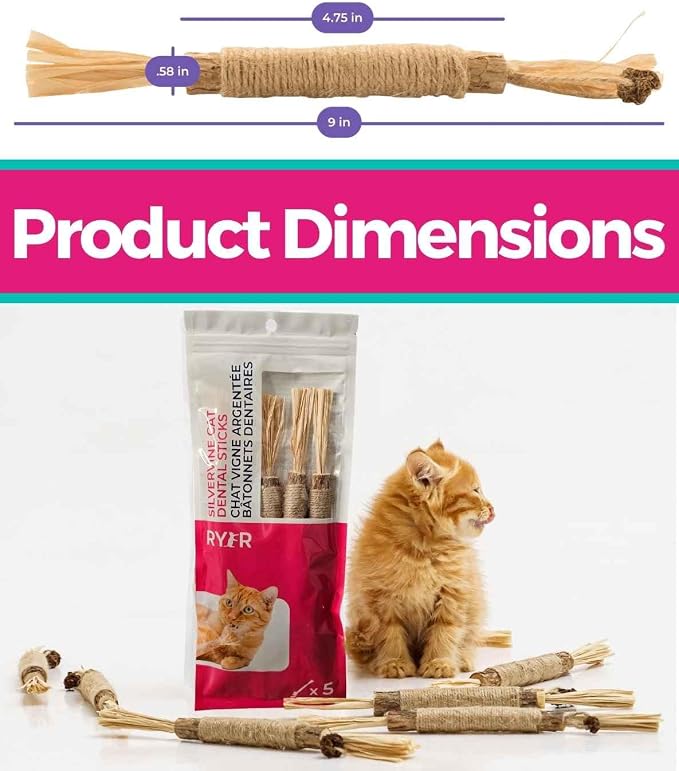 RYERCAT Silvervine Sticks for Cats - 100% Natural Cat Chew Toy for Aggressive Chewers and Kitten Teething - Pet Friendly, Smooth Finish, Irresistible Taste and Smell (5 Pack)