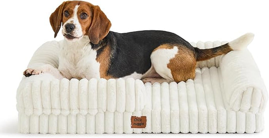 Orthopedic Dog Bed for Large Dogs, Washable Dog Bed with Faux Rabbit Fur Waterproof Cover, High Density Egg Crate Foam Support with 3-Sided Bolsters for Senior Dogs, Non-Skid Bottom,35x28x7, Cream