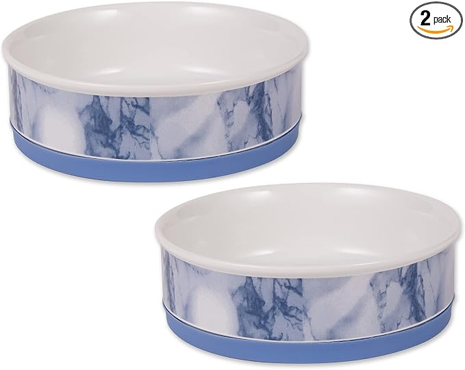 Bone Dry Ceramic Marble Non-Slip Pet Bowls, Dishwasher Safe, Large Set, 7.5x2.4, Blue, 2 Count