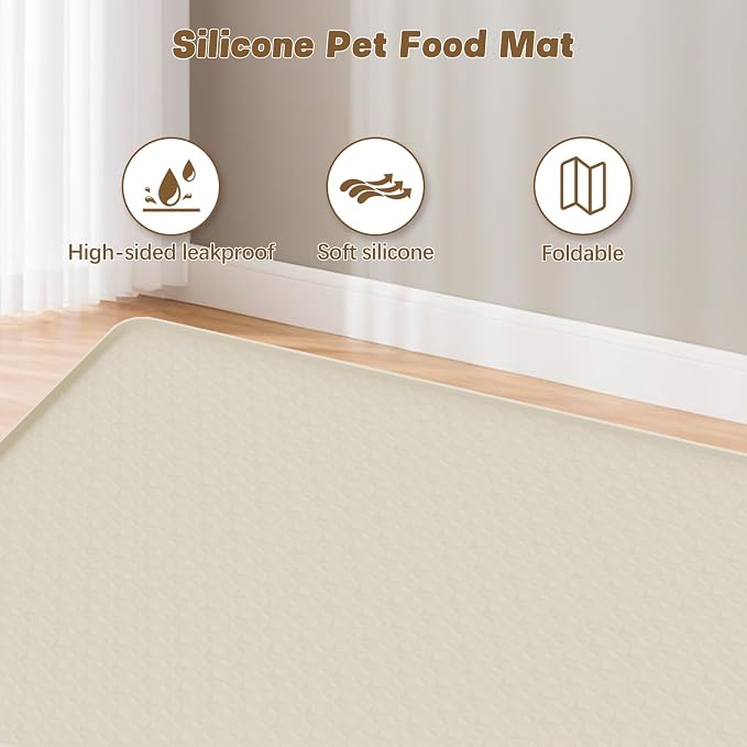 Cat Food Mat, 51" x 25.6" Extra Large Silicone Pet Feeding Mat with Raised Edge Pet Placemat for Food and Water Bowl Non-Slip, Easy to Clean, Floor Protection (Beige)