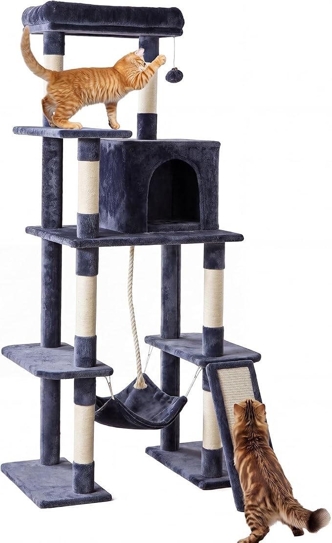 Large Cat Tree 63 Inch, Multi-Level Tall Cat Tree Tower with Condo, Perch, Sisal Scratching Posts Board and Hammock, Pet Play House with Dangling Balls for Indoor Cats, Dark Grey