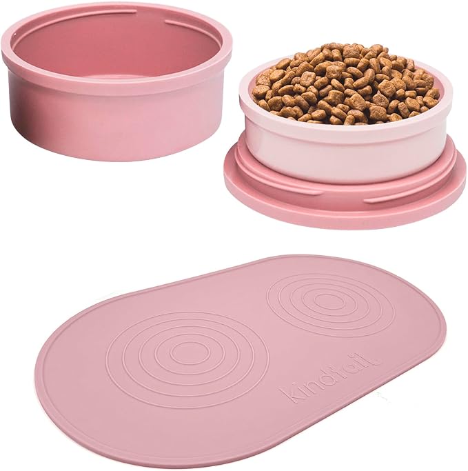 KindTail Pet Bowl Set + Silicone Pet Food Mat - Includes 2 Portable Dog Bowls with Lid & Handle + 1 Waterproof Pet Feeding Mat - Made from Food-Grade, Dishwasher-Safe Materials - BPA & Toxin-Free