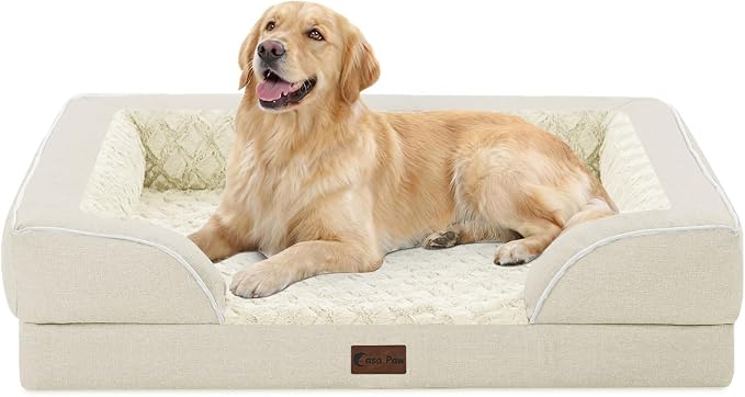 Orthopedic Dog Beds for Large Medium Sized Dogs 36x27 Inch, Medium Waterproof Memory Foam Dog Sofa Bed with Removable Washable Cover Pet Couch with Bolster, Beige