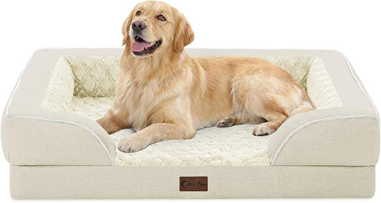 Orthopedic Dog Beds for Large Medium Sized Dogs 36x27 Inch, Medium Waterproof Memory Foam Dog Sofa Bed with Removable Washable Cover Pet Couch with Bolster, Beige