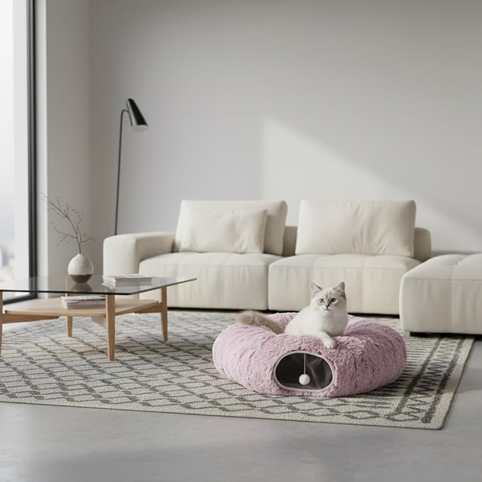 AUOON Cat Tunnel Bed for Indoor Cats - Large Cat Donut Tunnel with Hanging Ball Toy, Collapsible 2-in-1 Multifunctional Interactive Cat Toy for Kitten, Puppy, Rabbit, Ferret (Rosiness)
