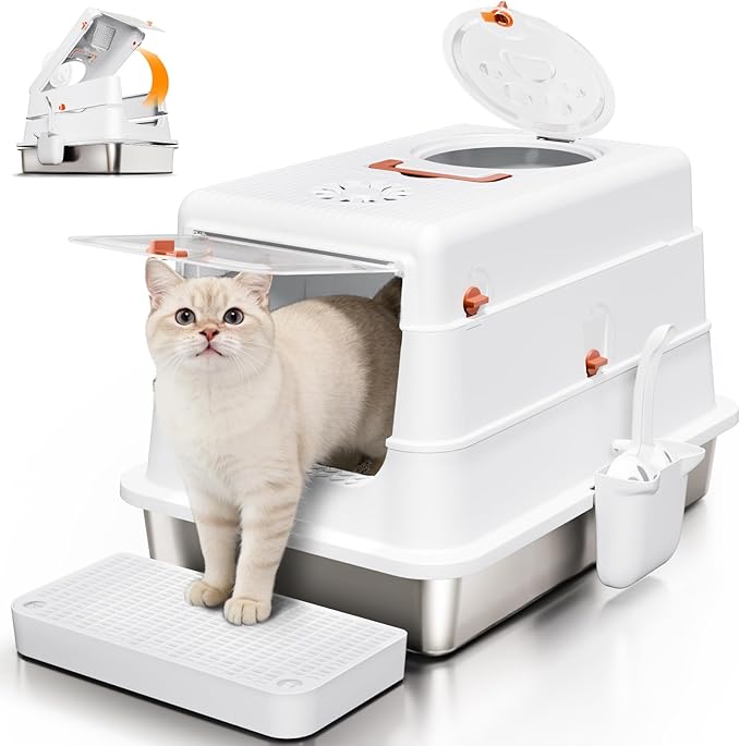 Stainless Steel Cat Litter Box with Lid, Enclosed Extra Large Metal Litter Pan for Big Cats, Full Flip Cover High Sided LitterBox Include Scoop, Easy Cleaning, Non-Stick, White
