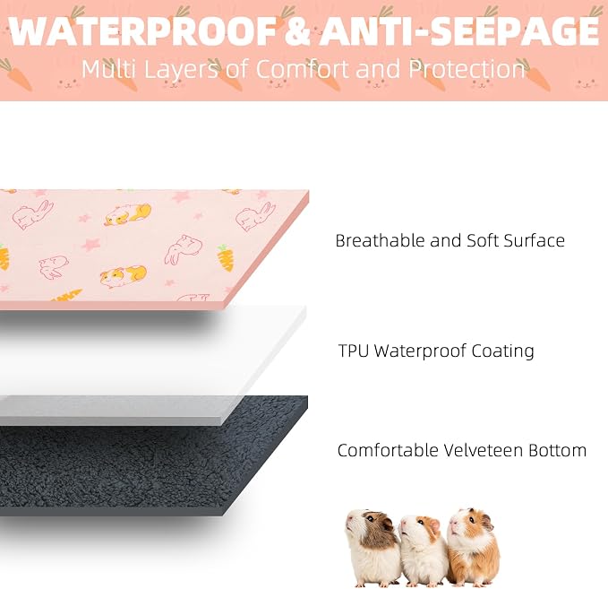 Homimp 2 Pack Guinea Pig Cage Liners,Washable Small Animal Bedding,Waterproof Reusable & Anti Slip Guinea Pig Pee Pad Fast and Super Absorbent Mat for Small Animal Rabbit Bunny Hamster,Pink 24"x47"
