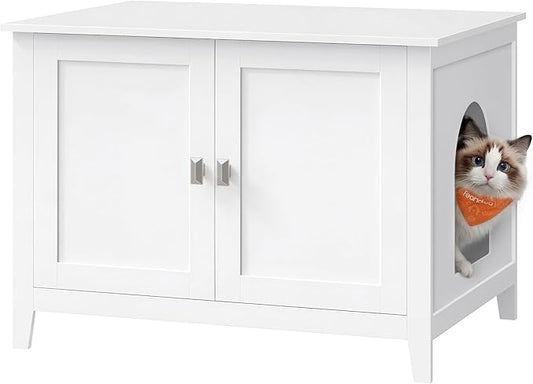 Feandrea Cat Litter Box Enclosure, Modern Hidden Cat Litter Box Furniture, Double Doors, Handles, Indoor Pet House Washroom, Living Room Side End Table, Cloud White UPCL015WB01