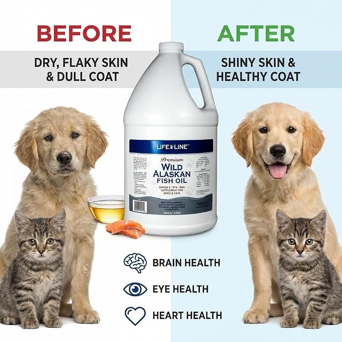 Life Line Pet Nutrition Wild Alaskan Fish Oil for Dogs and Cats 66oz – Omega 3 Fish Oil Supplement for Skin & Coat – Supports Brain, Eye & Heart Health in Dogs & Cats