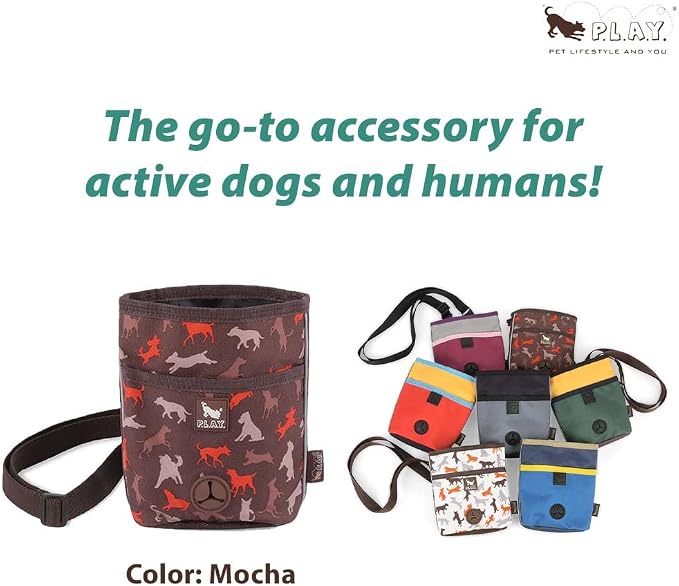 P.L.A.Y. Scout & About Deluxe Training Treat Pouch with Bag Dispenser - 3 Way Wear, Detachable & Adjustable Strap, Reflective Strips, Water-Resistant Back Zipper Pocket, Squeaker (Mocha)