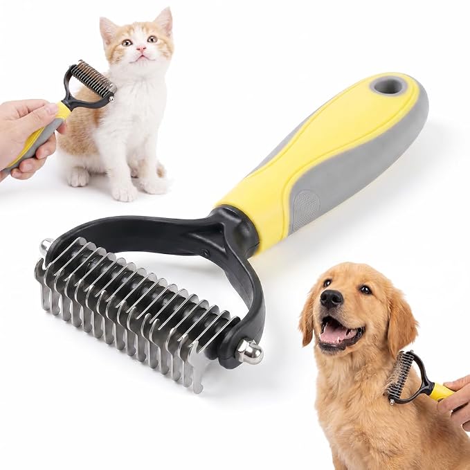 Double Sided Pet Grooming Brush, 2026 New Hurtless Shedding Dematting Undercoat Rake for Dogs and Cats, Upgrade Matt Remover Detangler for Long Thick Haired Pets (Yellow, Large)
